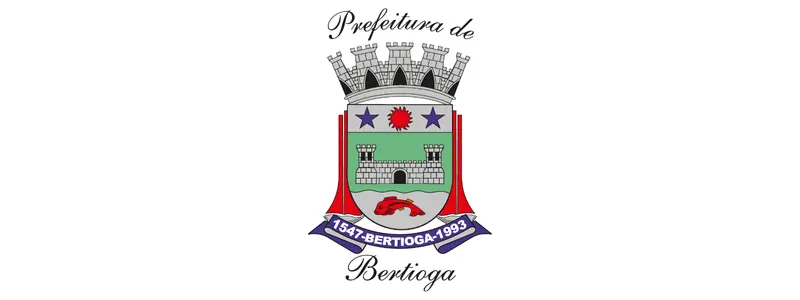 Escudo oficial da Prefeitura de Bertioga com torre central, estrelas laterais, sol estilizado, muralhas e faixa inferior com datas, em estilo heráldico sobre fundo branco