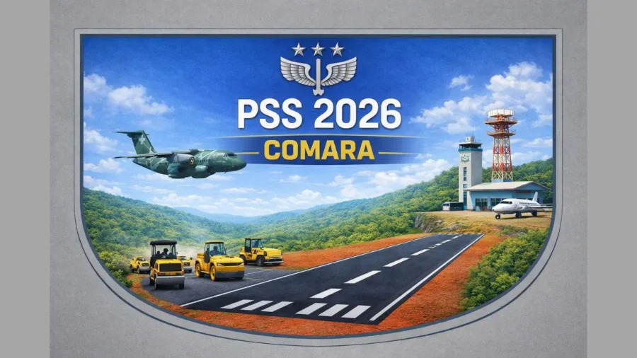 Ilustração com o texto PSS 2026 COMARA sobreposta a uma pista de pouso com aeronaves, maquinário de construção civil e torre de controle em área de floresta.