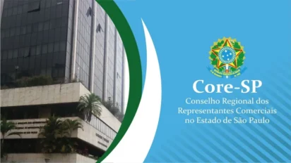 Prédio comercial com fachada envidraçada e logotipo do Core-SP ao lado com o texto Conselho Regional dos Representantes Comerciais no Estado de São Paulo. Foto: Divulgação/CORE-SP