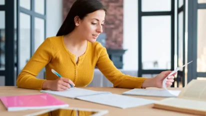 Mulher sentada à mesa estudando, com caderno aberto, caneta na mão e papéis de apoio em ambiente interno iluminado. Foto: Freepik