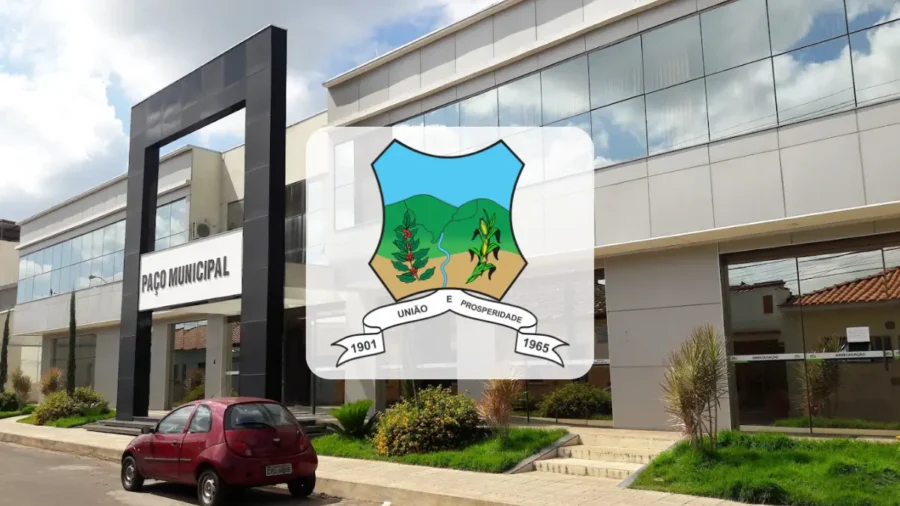 Paço Municipal de Campos Gerais, em Minas Gerais, com arquitetura moderna e amplas janelas de vidro. No centro da composição, destaca-se o brasão da cidade com o lema União e Prosperidade