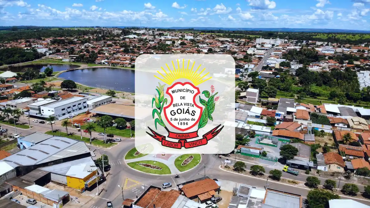 Concurso Bela Vista de Goiás: vista aérea da cidade com lago e área urbana