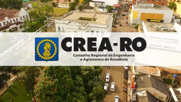 Concurso CREA RO divulga resultado preliminar das inscrições homologadas 2 Logotipo do CREA-RO sobre foto aérea de cidade de Rondônia no concurso CREA RO 2026