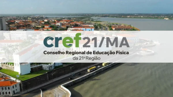 Logotipo do concurso CREF MA com vista aérea de São Luís ao fundo
