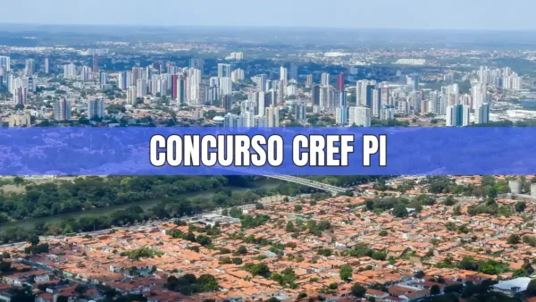 Vista aérea de Teresina com faixa roxa e texto concurso CREF PI ao centro