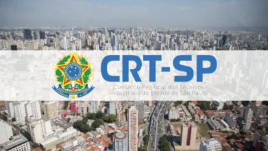 Imagem do concurso CRT SP com brasão da República e skyline de São Paulo ao fundo