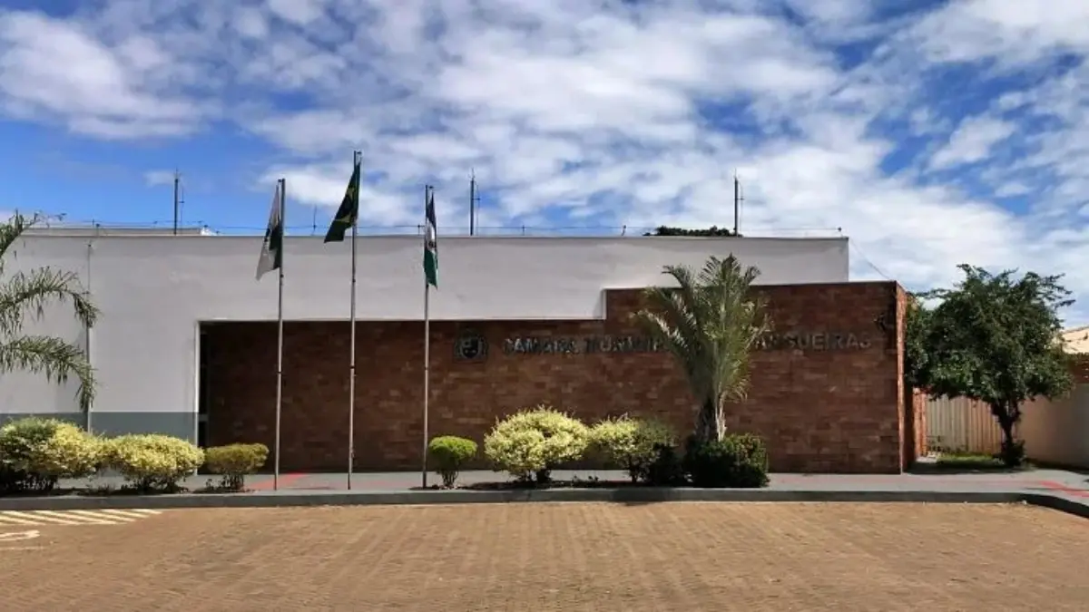 Fachada da Câmara Municipal de Pitangueiras com paredes brancas e revestimento de tijolos, possuindo três mastros com bandeiras à esquerda, vegetação rasteira e céu azul ao fundo.