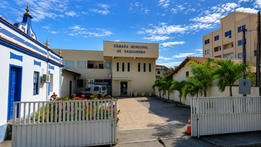 Fachada da sede do concurso Câmara de Saquarema RJ em dia ensolarado