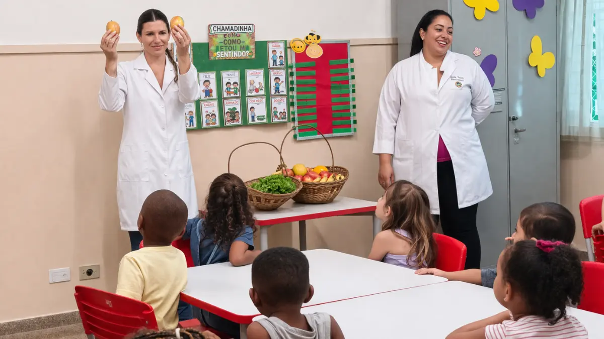 Concurso Casa Branca SP: profissionais da educação em atividade com crianças em sala de aula da rede municipal