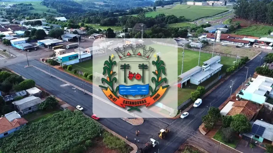 Concurso Catanduvas (PR) com vista aérea da cidade e brasão do município em destaque