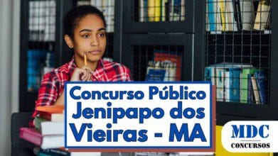Imagem de uma jovem estudante com expressão pensativa, segurando um lápis no queixo, sentada em uma biblioteca cercada por livros empilhados e estantes ao fundo com grades metálicas. Ela veste uma camisa xadrez vermelha e preta. Na parte inferior da imagem, há um destaque com os dizeres “Concurso Público Jenipapo dos Vieiras - MA” e o logotipo da MDC Concursos
