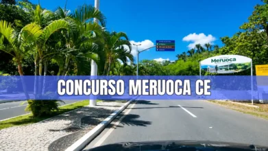 Entrada da cidade de Meruoca com placa de boas-vindas ao fundo e faixa com o texto concurso Meruoca CE