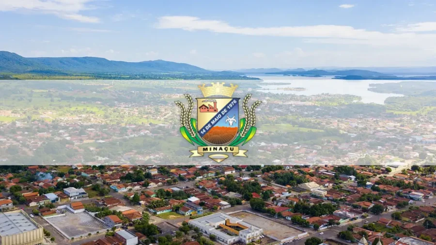 Concurso Minaçu GO com vista aérea da cidade e lago