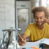Homem estudando em mesa com livros e laptop em ambiente claro e moderno. Foto: wayhomestudio/Freepik