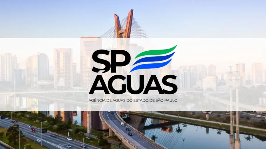 Concurso SP ÁGUAS: logo da agência com skyline de São Paulo ao fundo