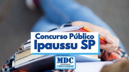 Pessoa segurando cadernos e lápis em primeiro plano com fundo desfocado em tons azulados imagem com destaque para o texto Concurso Público Ipaussu SP em letras grandes na cor azul logo abaixo há o nome MDC Concursos inserido em um retângulo azul claro remetendo a divulgação de concurso público da Prefeitura de Ipaussu no estado de São Paulo