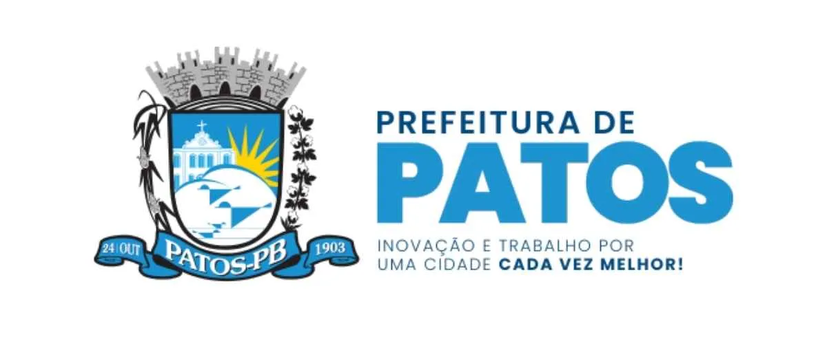 Patos - PB abre concursos com 560 vagas de até R$ 5.513,94 1 A imagem apresenta o brasão oficial da Prefeitura de Patos, localizada no estado da Paraíba. O brasão possui elementos como uma edificação, o sol ao fundo, um rio e vegetações, simbolizando aspectos culturais e geográficos do município. Abaixo, há uma faixa azul com a inscrição "PATOS-PB", além das datas "24 OUT" e "1903". Ao lado direito, o texto destaca "Prefeitura de Patos" seguido do lema institucional "Inovação e trabalho por uma cidade cada vez melhor!", com ênfase nas palavras em azul.