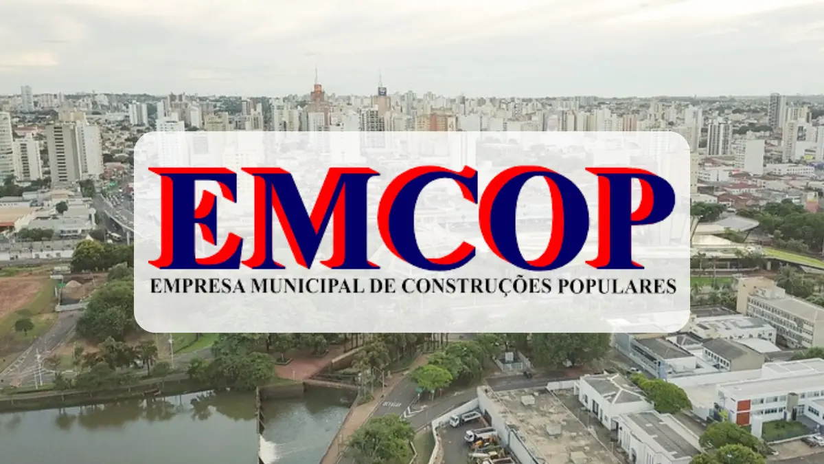Vista aérea da cidade de São José do Rio Preto com o logotipo da EMCOP (Empresa Municipal de Construções Populares) em destaque ao centro.