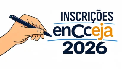 Encceja 2026: inscrição no exame com ilustração de mão escrevendo e texto informativo