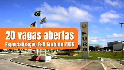 Especialização EaD gratuita da FURG: entrada do campus com destaque para 20 vagas abertas