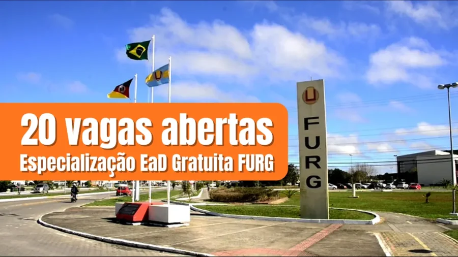 Especialização EaD gratuita da FURG: entrada do campus com destaque para 20 vagas abertas