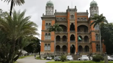 Prédio histórico da Fiocruz com fachada em estilo neomourisco, torres laterais e jardins com palmeiras ao redor. Foto: Divulgação/Fernando Frazão/Agência Brasil