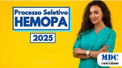 Imagem com fundo amarelo vibrante mostrando uma mulher jovem de cabelos longos e escuros, vestindo uniforme verde-esmeralda, sorrindo e com os braços cruzados. À esquerda, em destaque, está o texto “Processo Seletivo HEMOPA 2025” em letras azuis sobre fundo branco com borda azul. No canto inferior direito, o logotipo da MDC Concursos aparece em azul sobre fundo branco