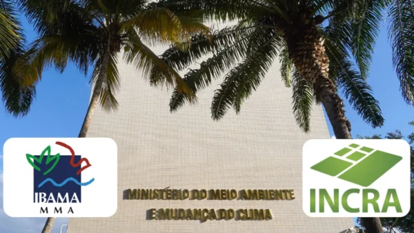 IBAMA e INCRA publicam gabaritos definitivos de processo seletivo c/ 60 vagas 3 Fachada do Ministério do Meio Ambiente e Mudança do Clima com palmeiras ao fundo e logotipos do IBAMA MMA e do INCRA sobrepostos nos cantos da imagem. Foto: Divulgação/Fernando Donasci/MMA