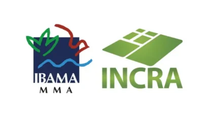 Logotipos do IBAMA MMA e do INCRA lado a lado, com símbolos ambientais e gráficos em tons de verde e azul representando órgãos federais brasileiros