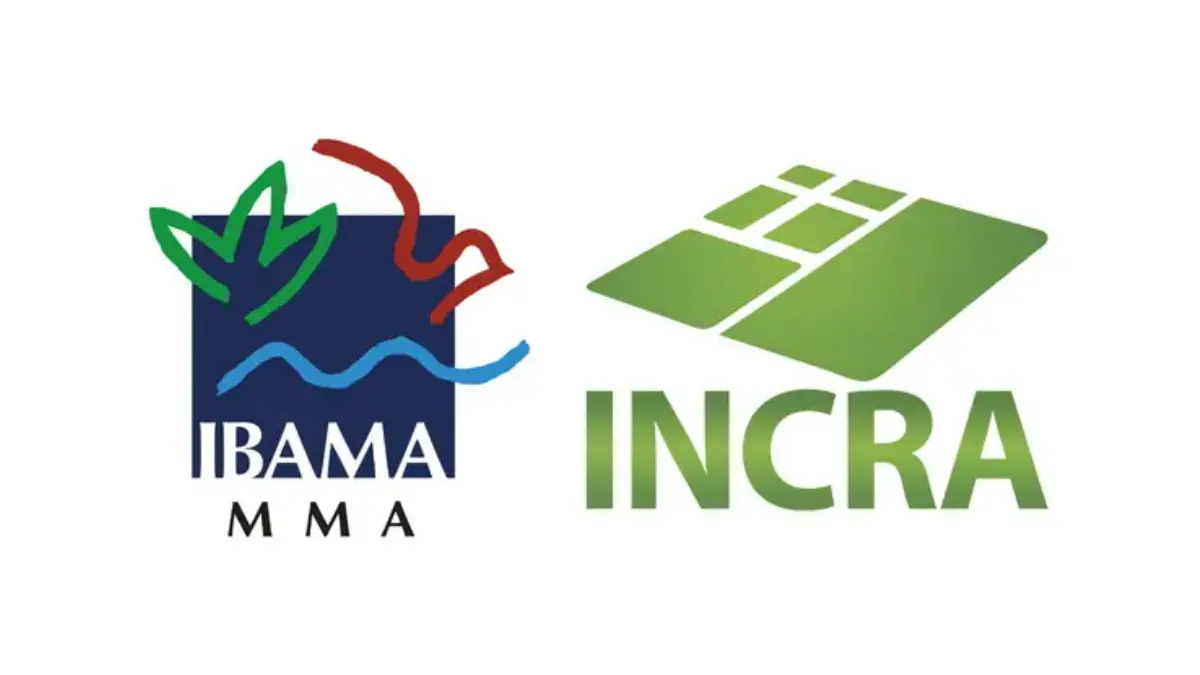 Logotipos do IBAMA MMA e do INCRA lado a lado, com símbolos ambientais e gráficos em tons de verde e azul representando órgãos federais brasileiros