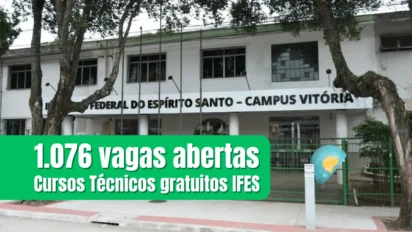 Cursos técnicos gratuitos do IFES: fachada do campus Vitória com destaque para vagas abertas
