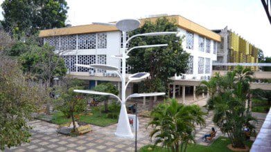 Vista interna do campus do IFG com prédio ao fundo, árvores, bancos e estrutura metálica branca em formato de árvore com placas solares.