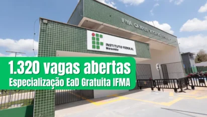 Especialização EaD gratuita do IFMA: fachada do campus com destaque para vagas abertas