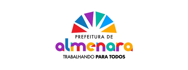 Logomarca da Prefeitura de Almenara com arco colorido estilizado acima do nome “almenara” e o slogan “Trabalhando para todos” abaixo