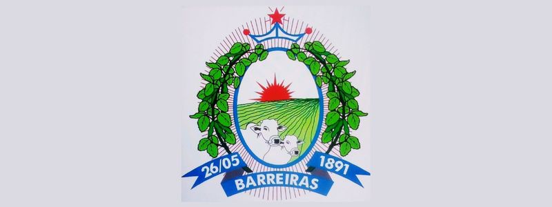 Brasão do município de Barreiras-BA com sol nascente, campo verde, dois bovinos, ramos verdes laterais e faixa azul com a data 26/05/1891.