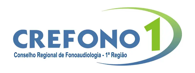Logomarca do CREFONO 1 com a sigla em azul e o número 1 em verde, acompanhada do texto Conselho Regional de Fonoaudiologia – 1ª Região e um traço curvo em tons de verde e azul
