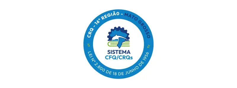 Logotipo circular azul do CRQ 16ª Região Mato Grosso com mapa do Brasil e texto Sistema CFQ/CRQs e referência à Lei nº 2.800 de 18 de junho de 1956. 