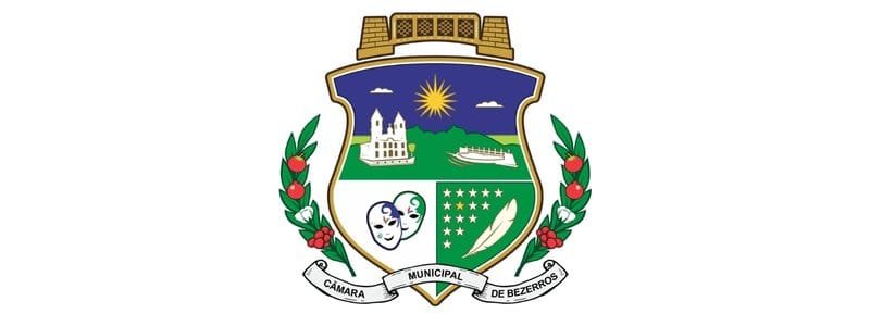 Concurso Câmara de Bezerros/PE: 14 vagas de até R$ 3,5 mil 1 Brasão da Câmara Municipal de Bezerros PE com escudo dividido em partes, contendo igreja, ponte, sol, máscaras teatrais, estrelas e pena, ladeado por ramos e fita com o nome.