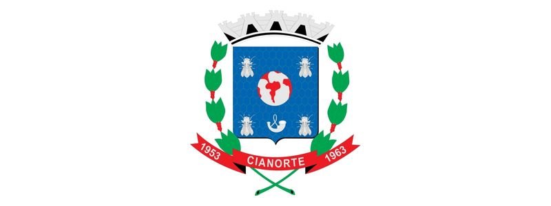Cianorte-PR abre processo seletivo c/ salários de até R$ 15 mil 1 Brasão da Prefeitura de Cianorte-PR com escudo azul, figuras de abelhas, globo terrestre central e ramos verdes laterais, sobre fita vermelha com os anos 1953 e 1963.