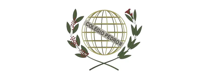 Logotipo do Colégio Pedro II com um globo dourado ao centro e ramos verdes com pequenos detalhes vermelhos cruzados na base.