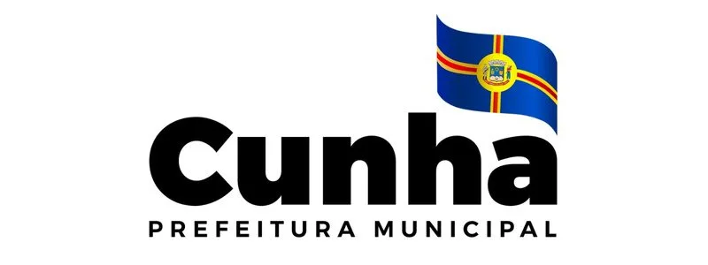 Logotipo da Prefeitura Municipal de Cunha com o nome em destaque e uma bandeira estilizada do município.
