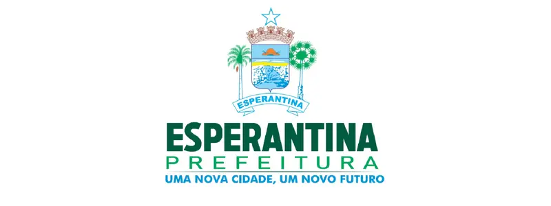 Logotipo da Prefeitura de Esperantina com brasão central, duas árvores laterais e o texto “Esperantina Prefeitura – Uma nova cidade, um novo futuro”.