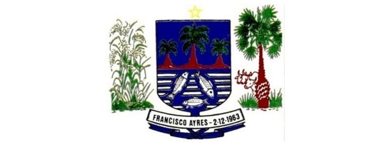 Francisco Ayres PI abre concurso com 132 vagas de até R$ 6,4 mil 1 Brasão do município de Francisco Ayres-PI com elementos como peixes, palmeiras, plantas e uma estrela amarela acima do escudo central.