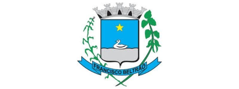 Concurso Francisco Beltrão PR: 282 Vagas de até R$ 17,6 mil 1 Brasão oficial do município de Francisco Beltrão, com uma estrela amarela, um pato branco, elementos vegetais e uma faixa azul com o nome da cidade.