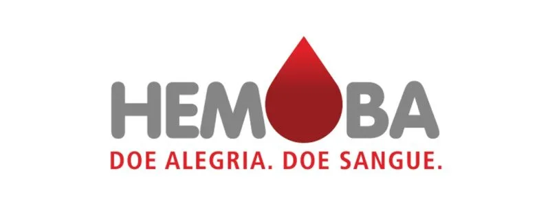 Logo da Hemoba com uma gota de sangue estilizada e o slogan Doe alegria. Doe sangue.