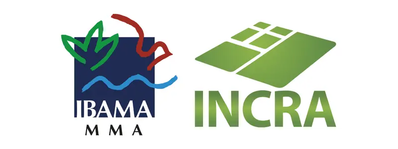 Logotipos do IBAMA MMA e do INCRA lado a lado, com símbolos ambientais e gráficos em tons de verde e azul representando órgãos federais brasileiros