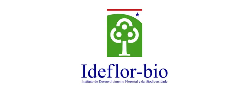 Logomarca do IDEFLOR-Bio com símbolo verde estilizado de árvore e o nome Instituto de Desenvolvimento Florestal e da Biodiversidade abaixo em azul