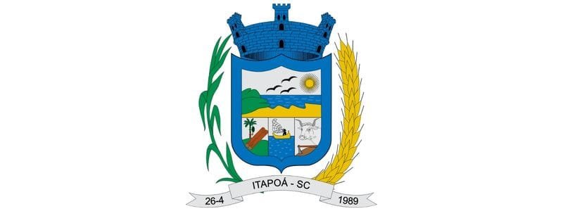 Itapoá (SC) lança concurso com 125 vagas de até R$ 5,6 mil 1 Brasão da Prefeitura de Itapoá-SC com torre azul, escudo dividido em quatro cenas locais e ramos de cana-de-açúcar e trigo nas laterais.
