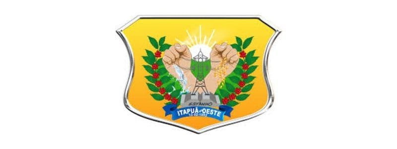 Itapuã do Oeste abre seleção com 133 Vagas de até R$ 4,2 mil 1 Brasão do município de Itapuã do Oeste-RO com fundo amarelo, duas mãos erguidas, elementos da agricultura e energia, ladeado por ramos e faixa azul com o nome da cidade.