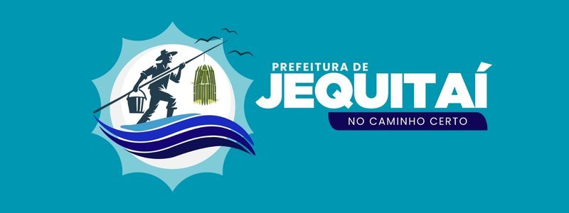 Logotipo da Prefeitura de Jequitaí com ilustração de pescador, aves, água estilizada e texto "Prefeitura de Jequitaí - No Caminho Certo" em fundo azul